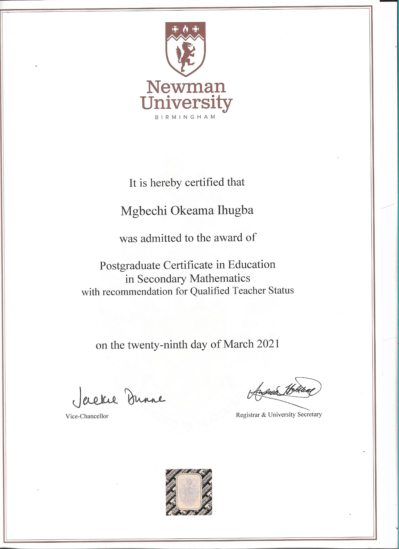 Mgbechi graduated from Newman University