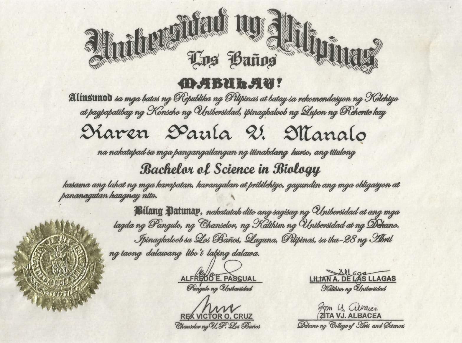 Karen Paula graduated from University of the Philippines Los Baños