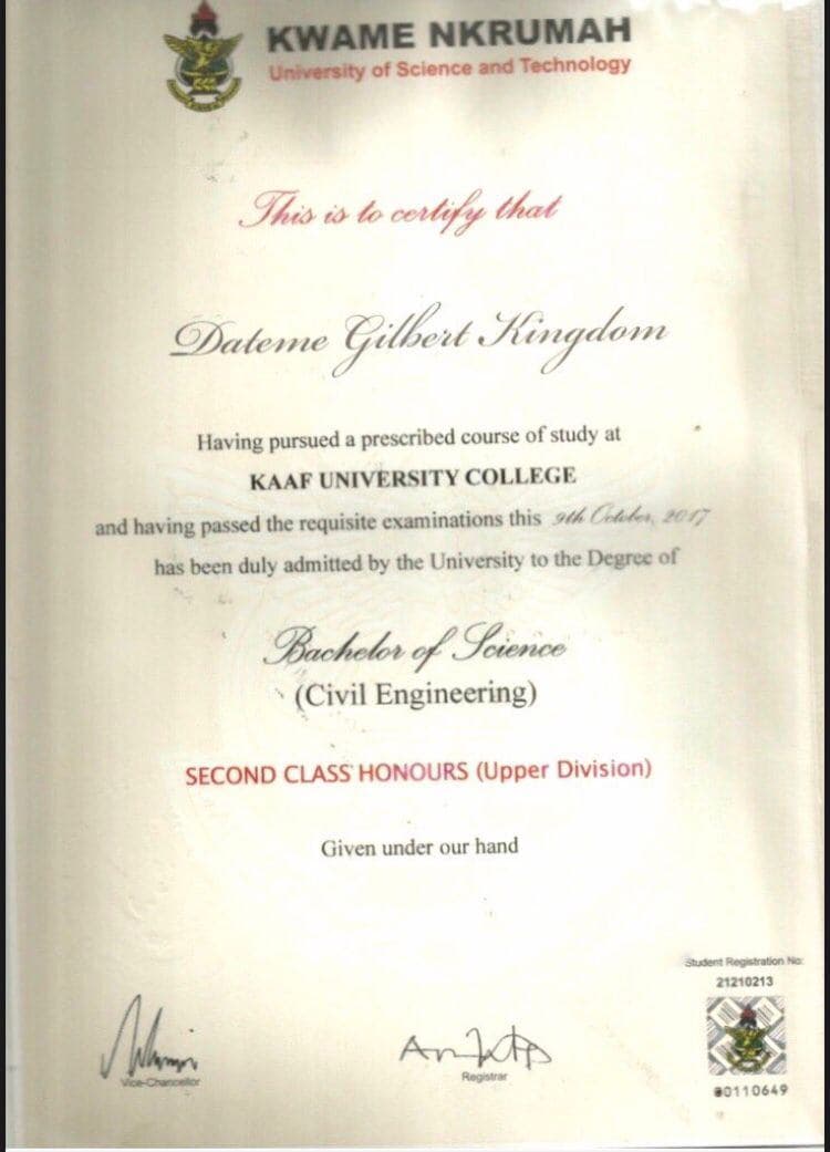 GILBERT graduated from Kaaf university college