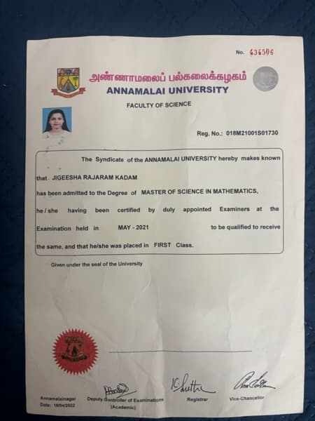 Jigeesha graduated from Annamalai University Chennai