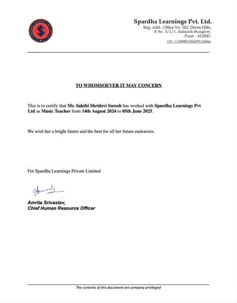 Sakthi Shridevi graduated from Woodstock school and teachers training college