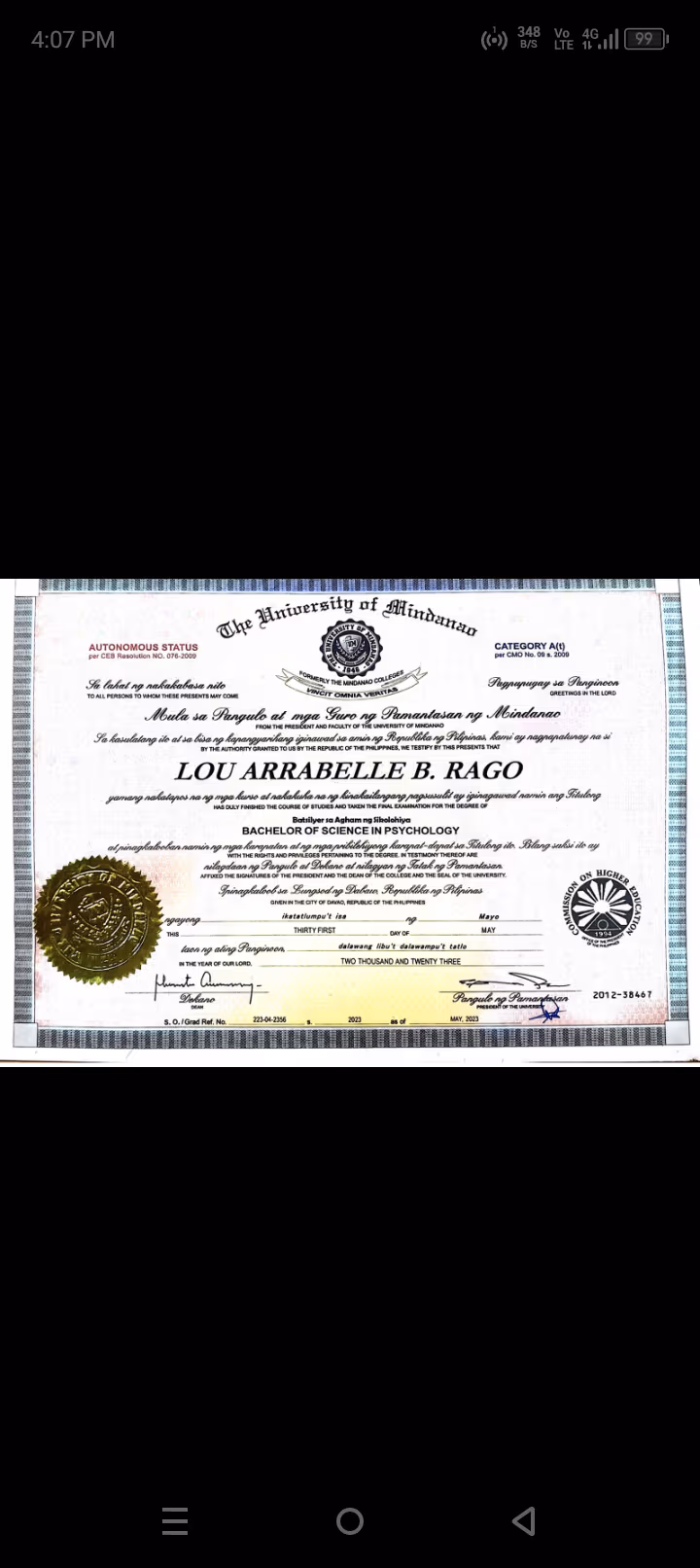 Lou Arrabelle graduated from University of Mindanao