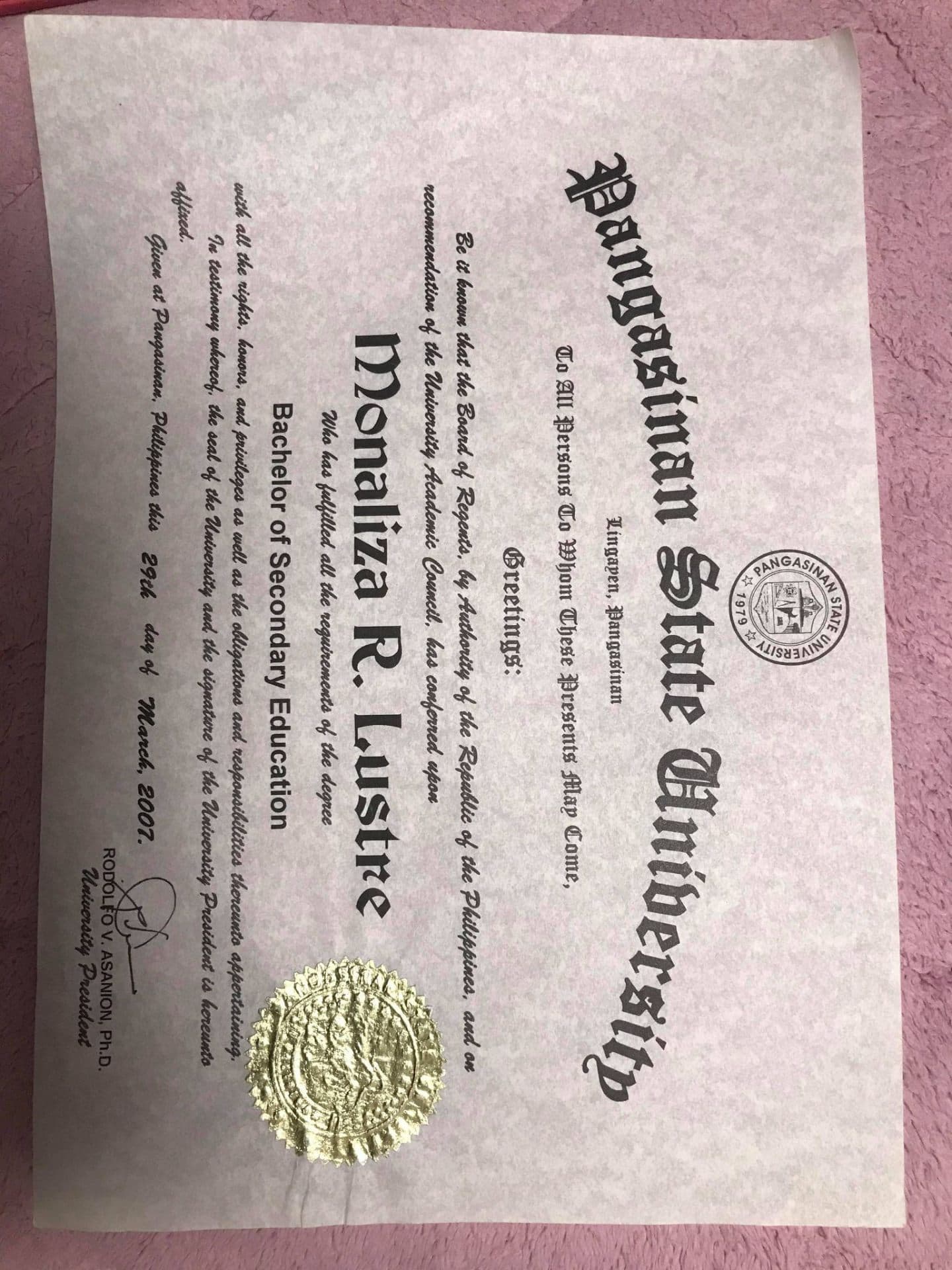 Monaliza graduated from Pangasinan State University