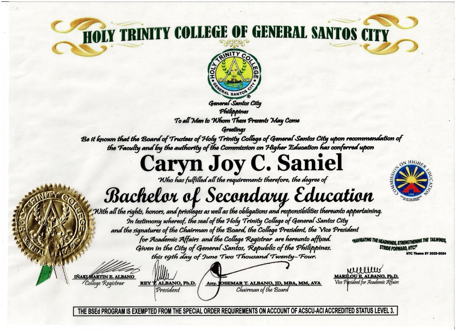 Caryn Joy graduated from Holy Trinity College of General Santos