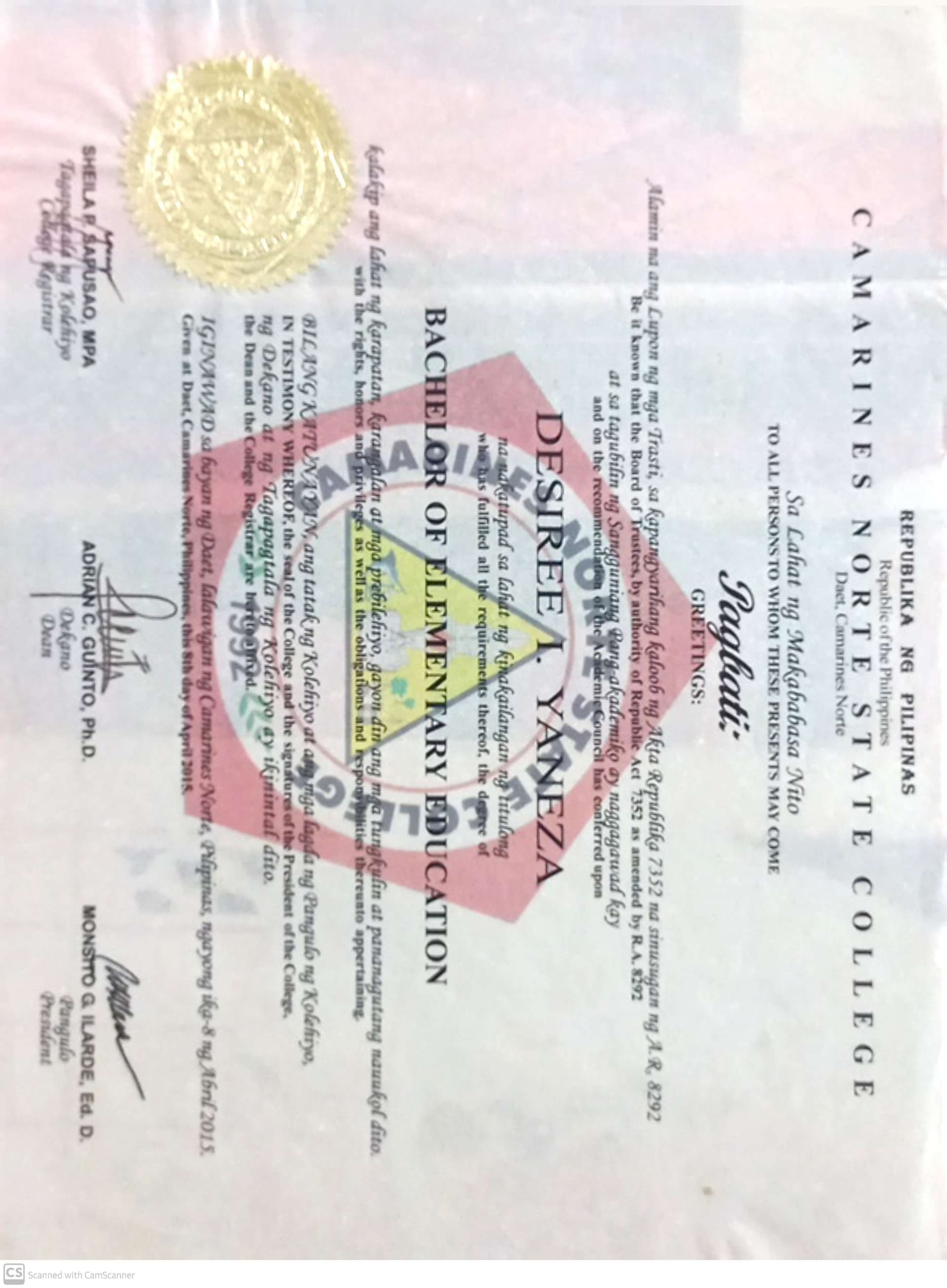 Desiree graduated from Camarines Norte State College