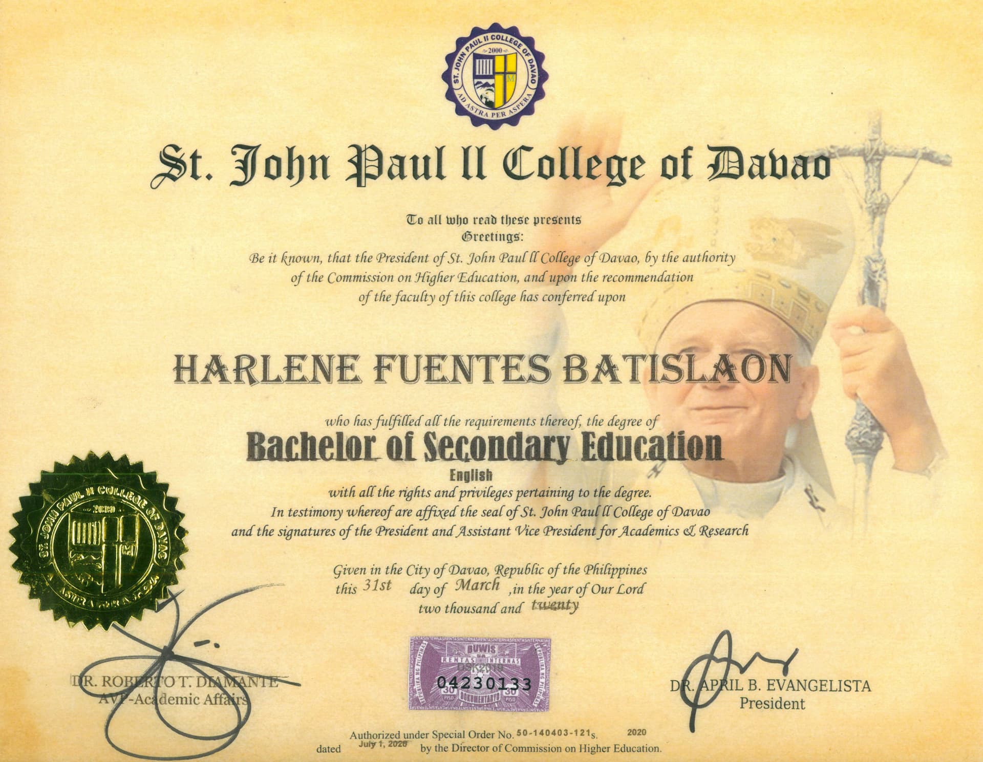 Harlene graduated from St. John Paul II College of Davao