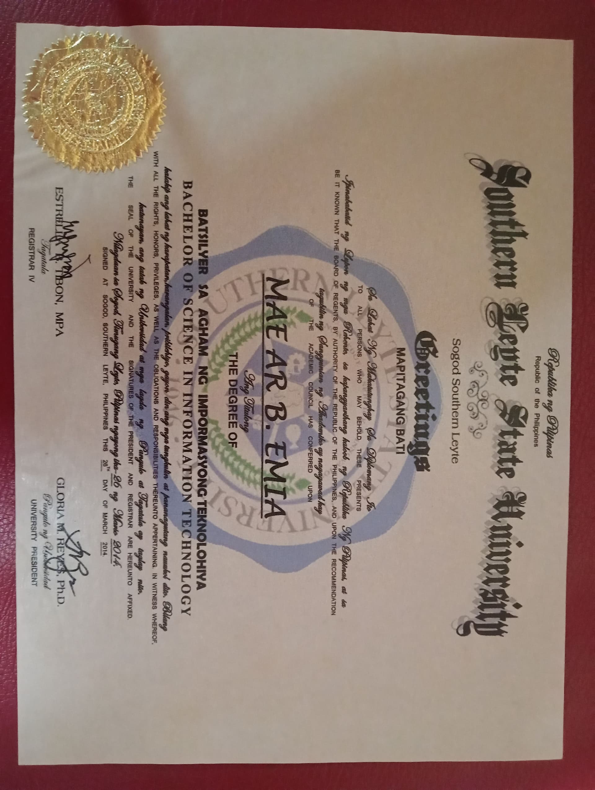 Mae Ar graduated from Southern Leyte State University