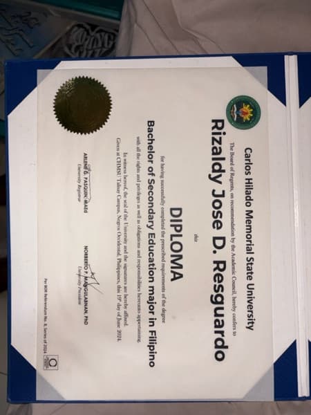 Rizaldy Jose graduated from Carlos Hilado Memorial State University