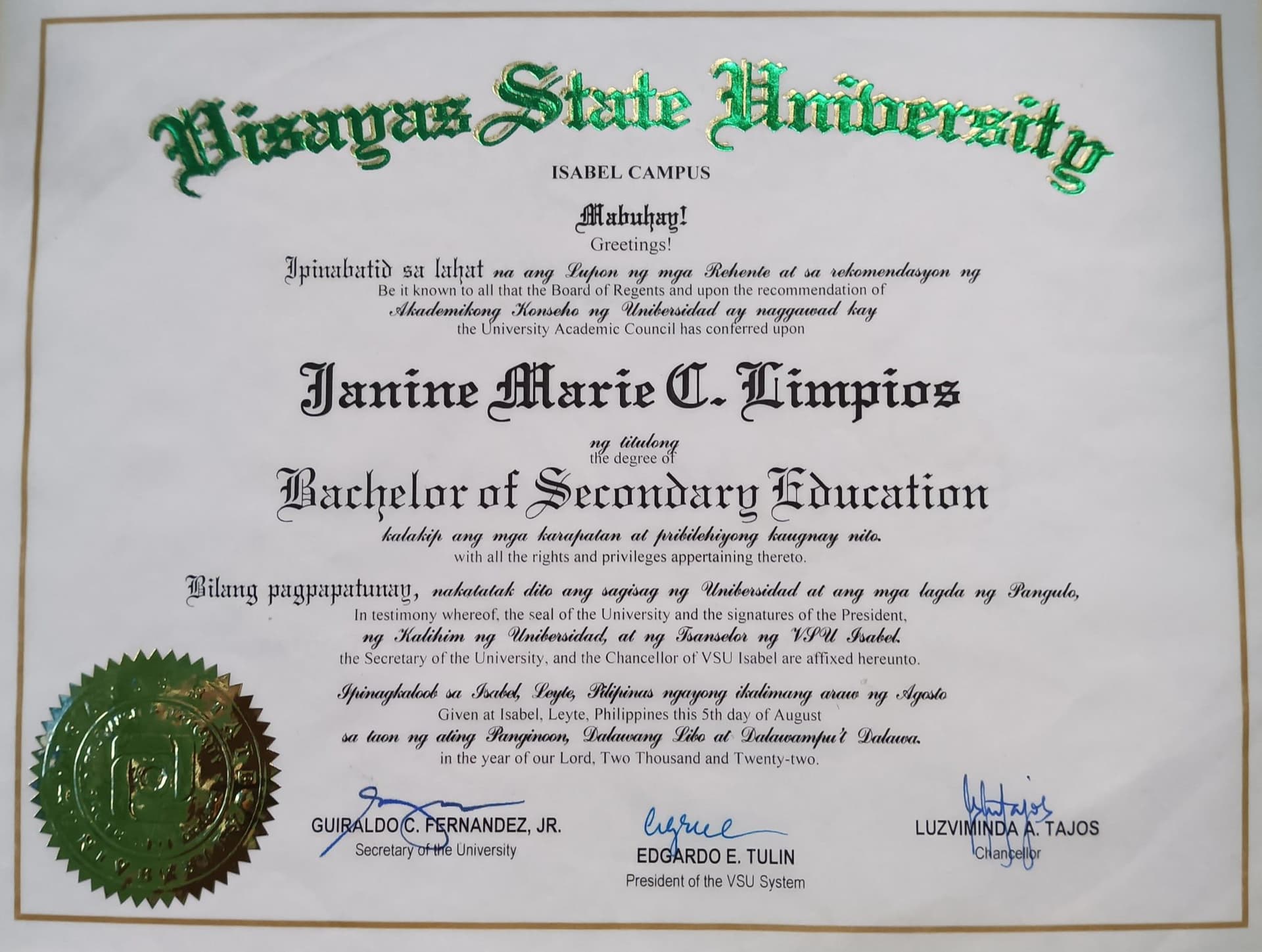 Janine Marie graduated from Visayas State University - Isabel