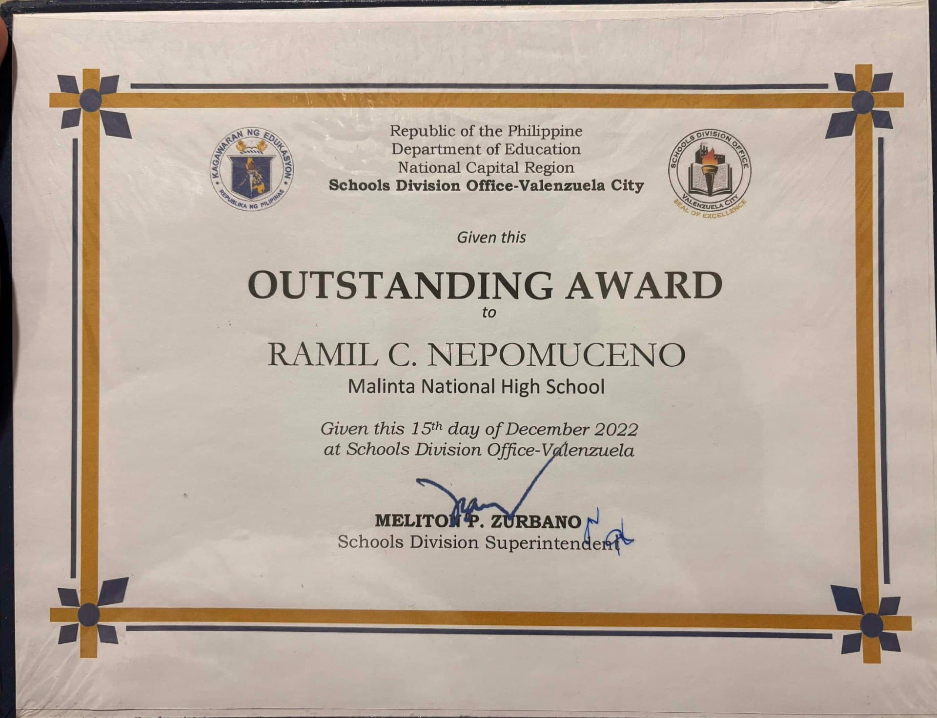 Ramil graduated from Mariano Quinto Alarilla Polytechnic College