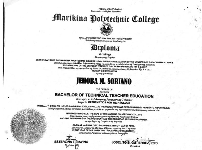 JEHOBA graduated from Marikina Polytechnic, Philippines