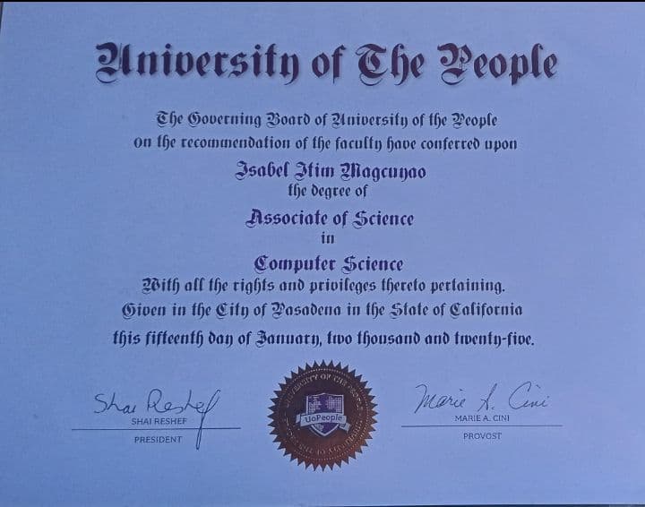 Isabel graduated from University of the People