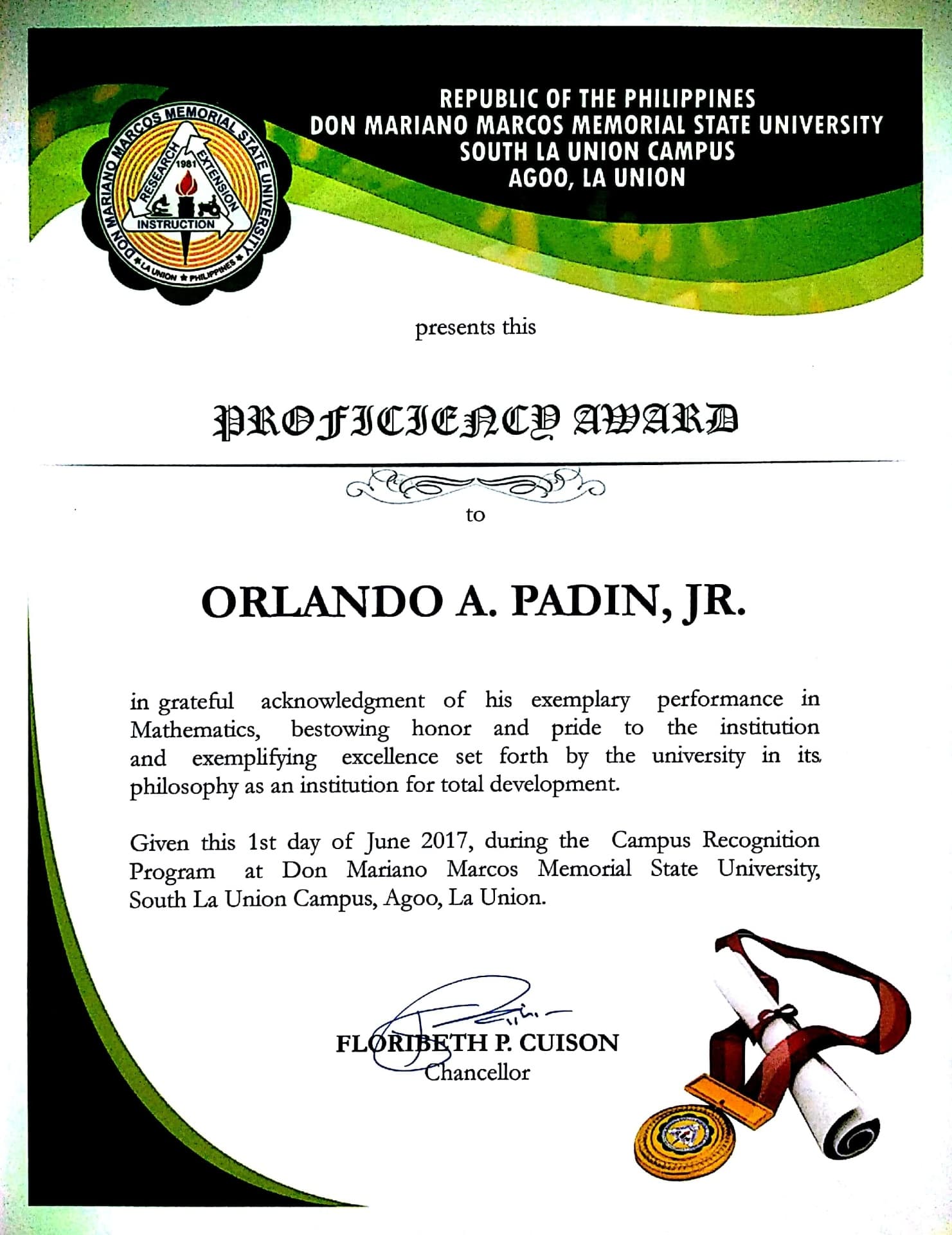 Orlando Jr. graduated from Don Mariano Marcos Memorial State University