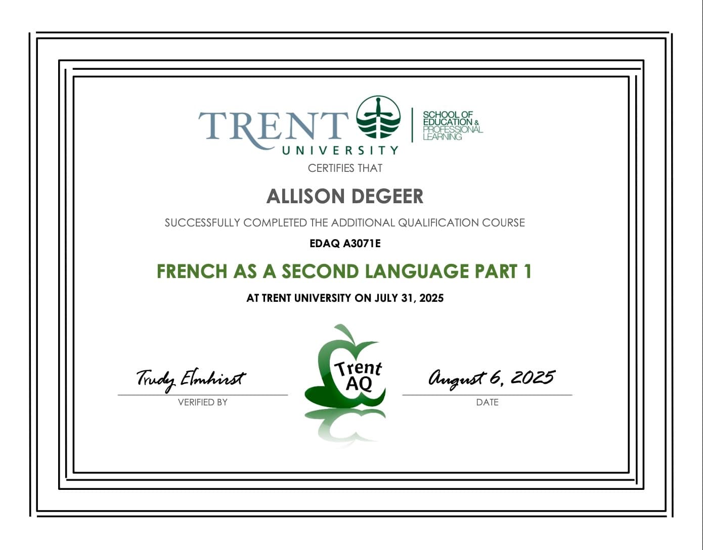 Allison graduated from Lakehead University