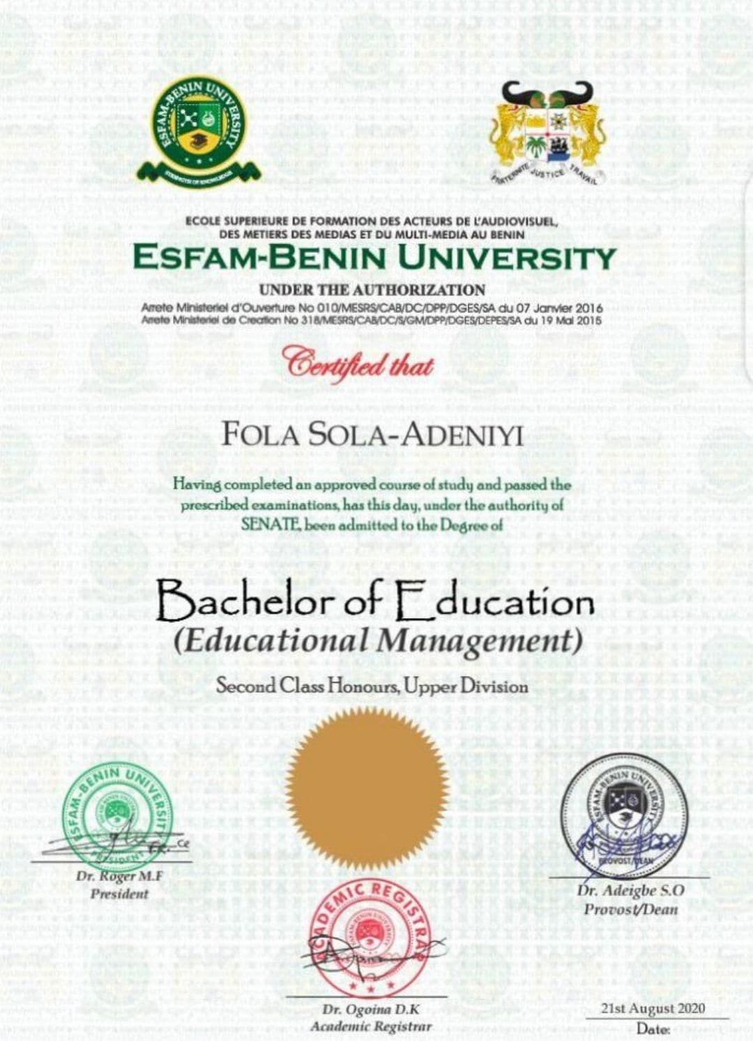 Fola graduated from ESFAM-BENIN University