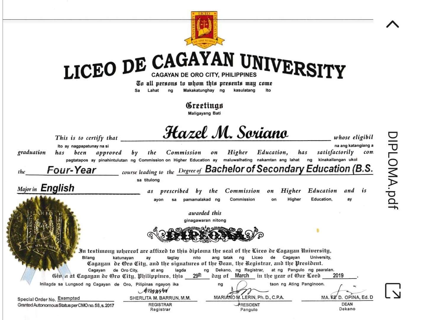 HAZEL graduated from Liceo de Cagayan University