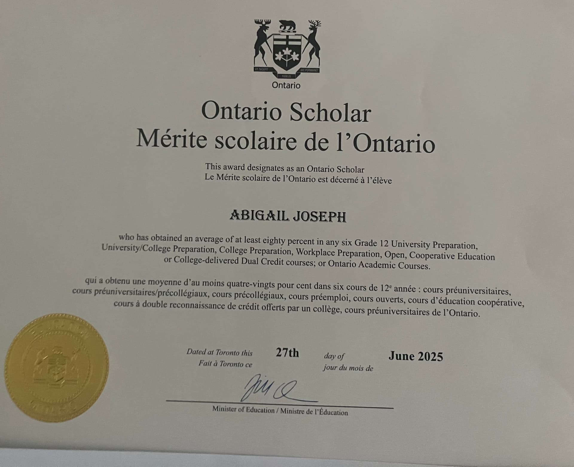 Abigail graduated from St. Brother Andre Catholic High School (currently attending University of Toronto)