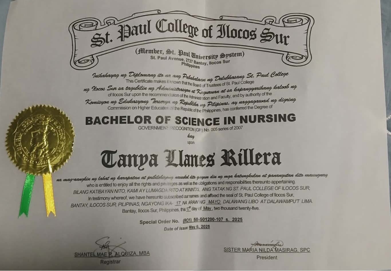 Tanya graduated from St. Paul College of Ilocos Sur