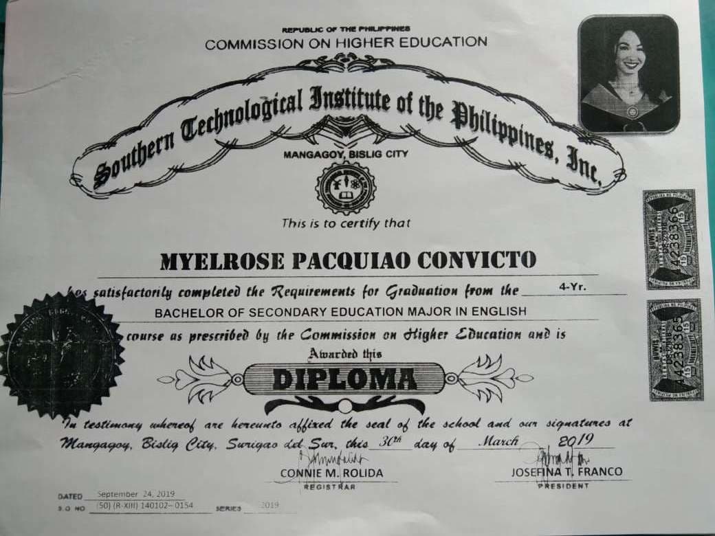 Myelrose graduated from Southern Technological Institute of the Philippines, Inc.