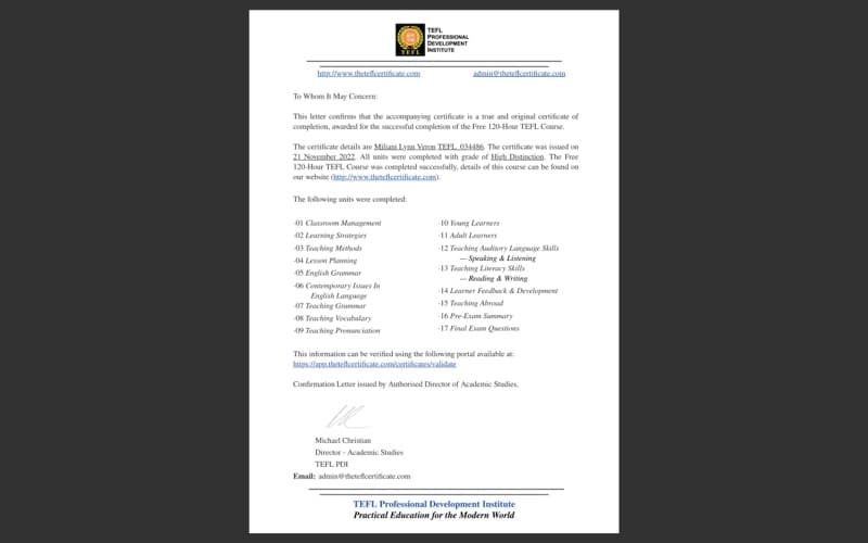 Miliani graduated from TEFL PDI