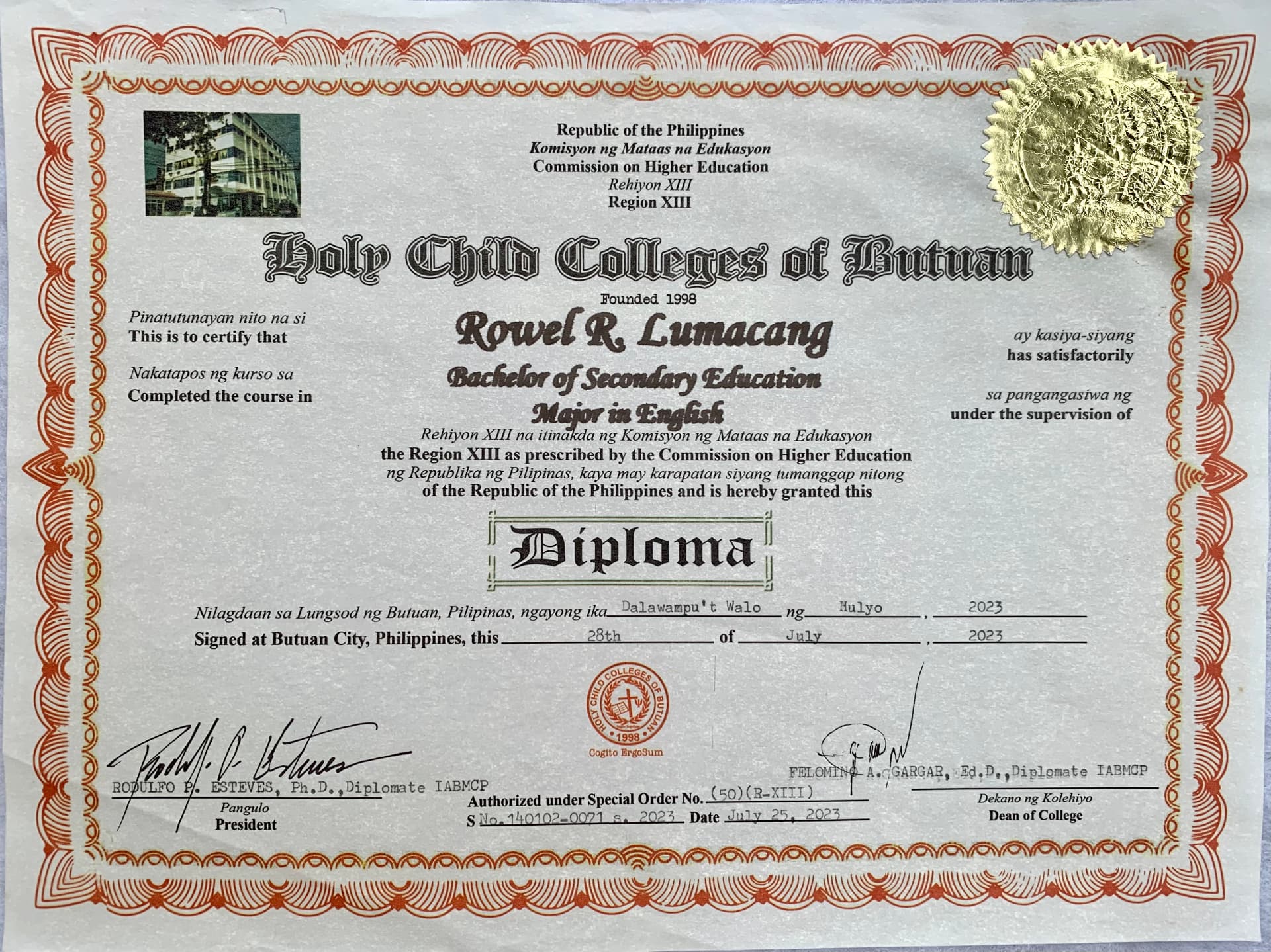 Rowel graduated from Holy Child Colleges of Butuan