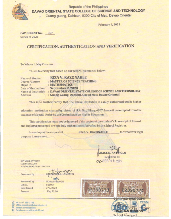 Riza graduated from Davao Oriental State University