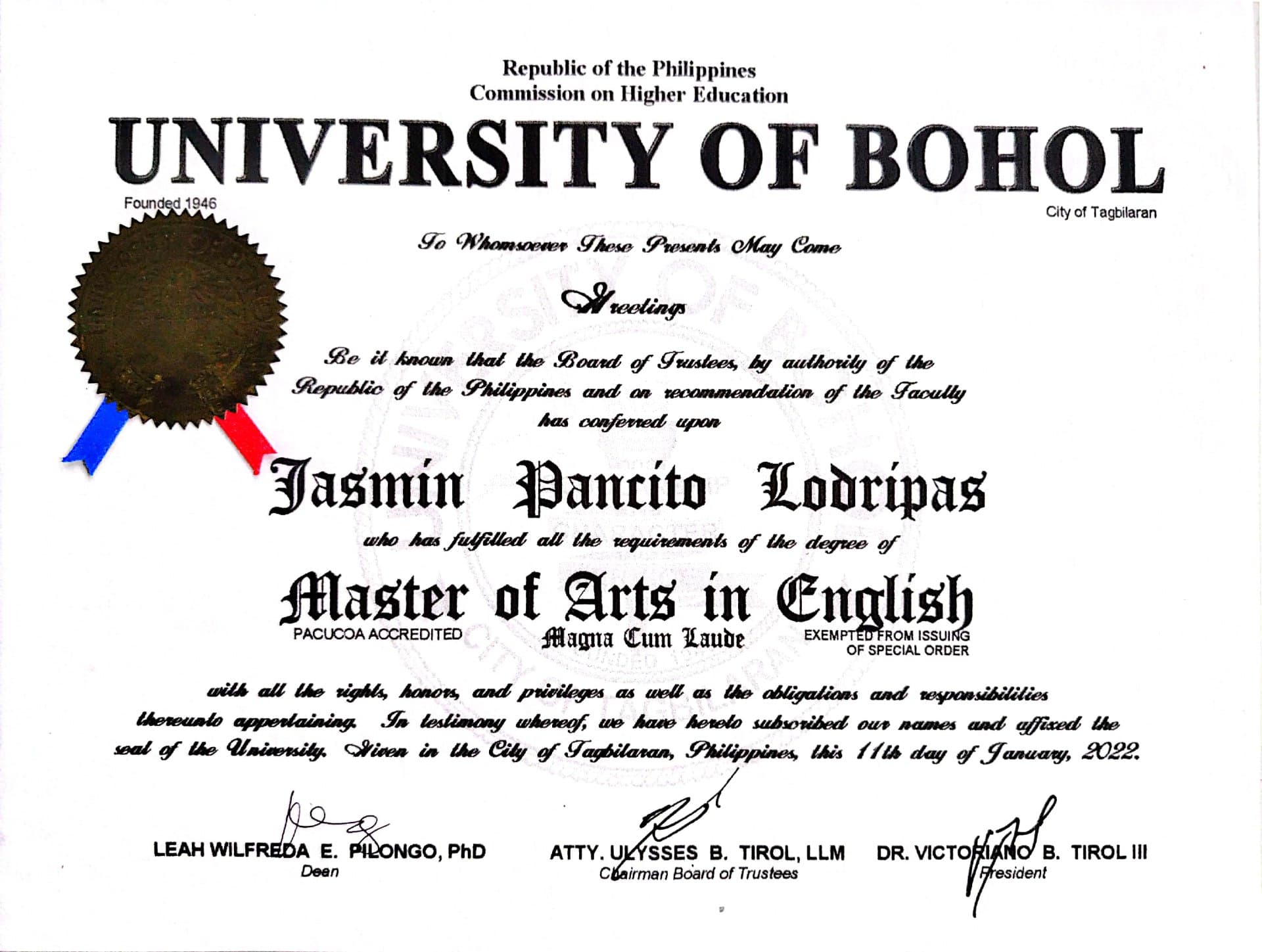 Jasmin graduated from Bohol Island State University