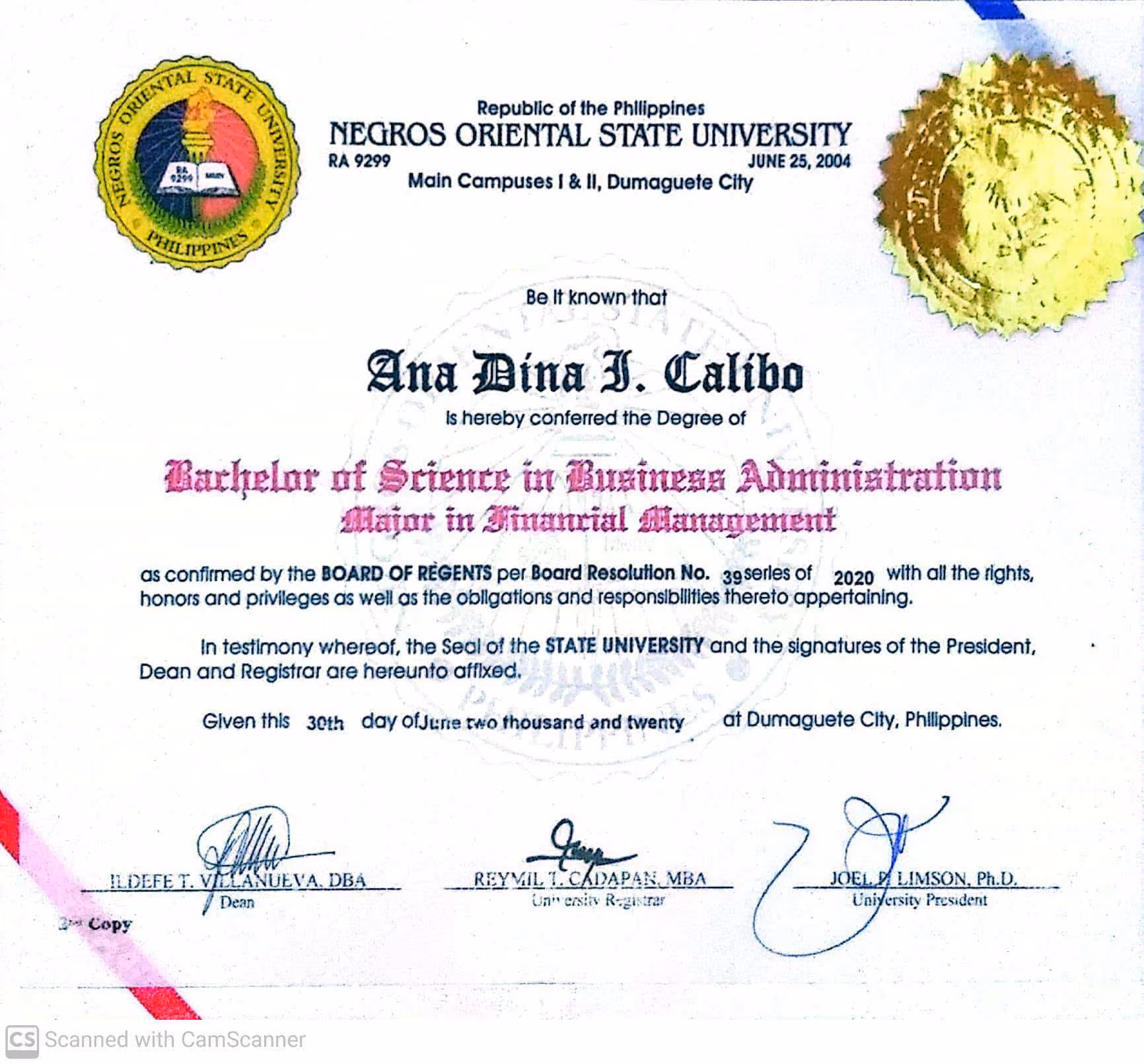Ana Dina graduated from Negros Oriental State University