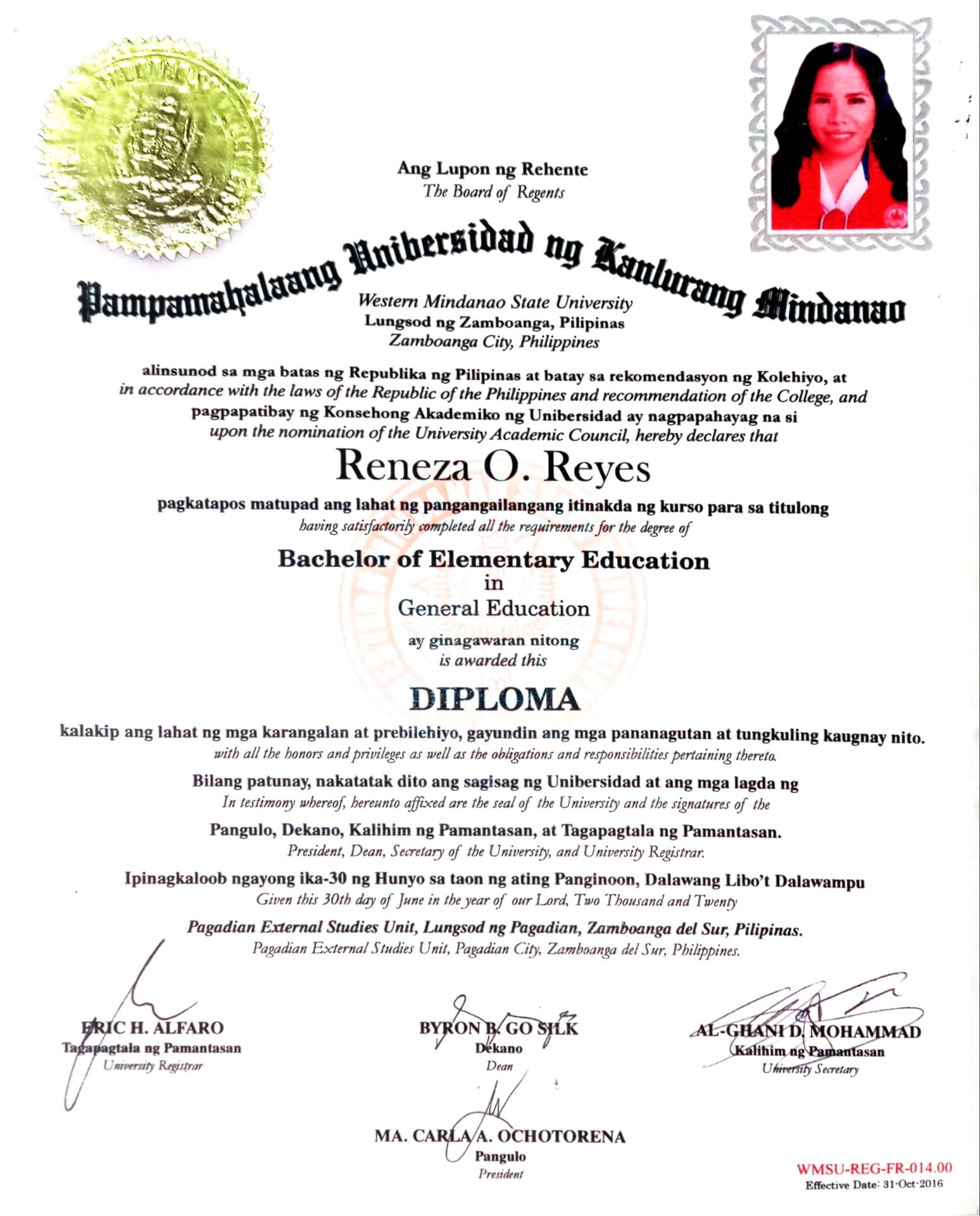 Reneza graduated from Western Mindanao State University