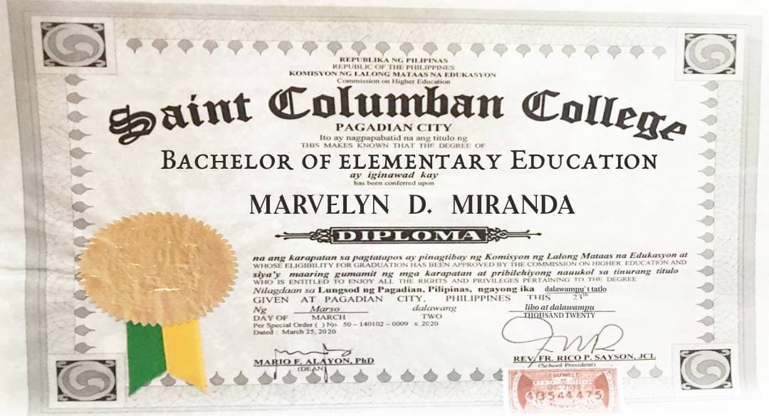 Marvelyn graduated from Saint Columban College
