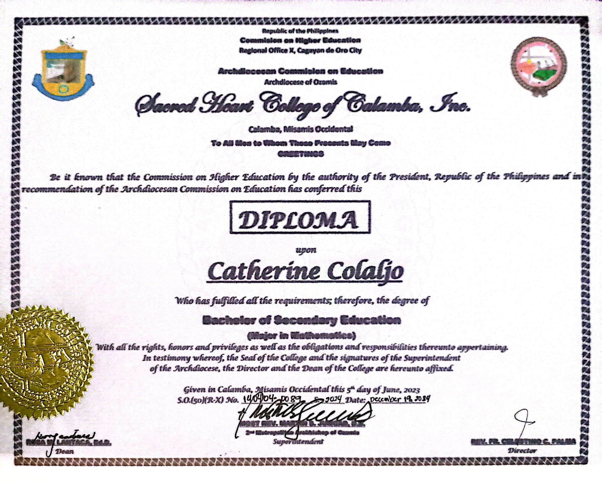 Catherine graduated from Sacred Heart College of Calamba, Inc.