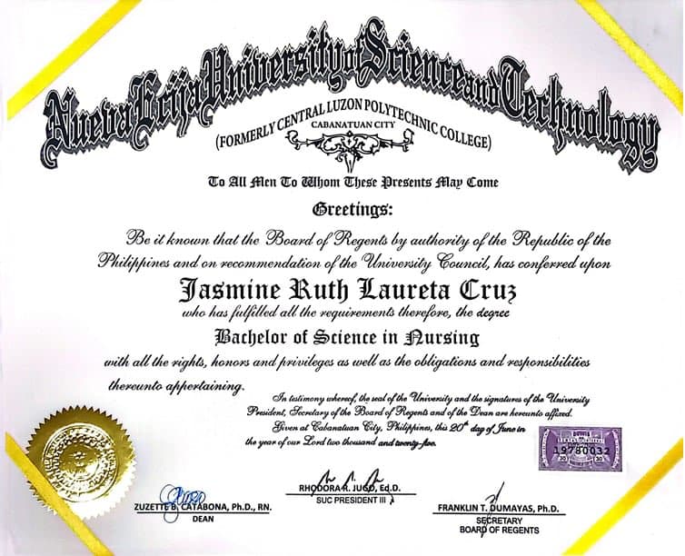 Jasmine Ruth graduated from Nueva Ecija University of Science and Technology