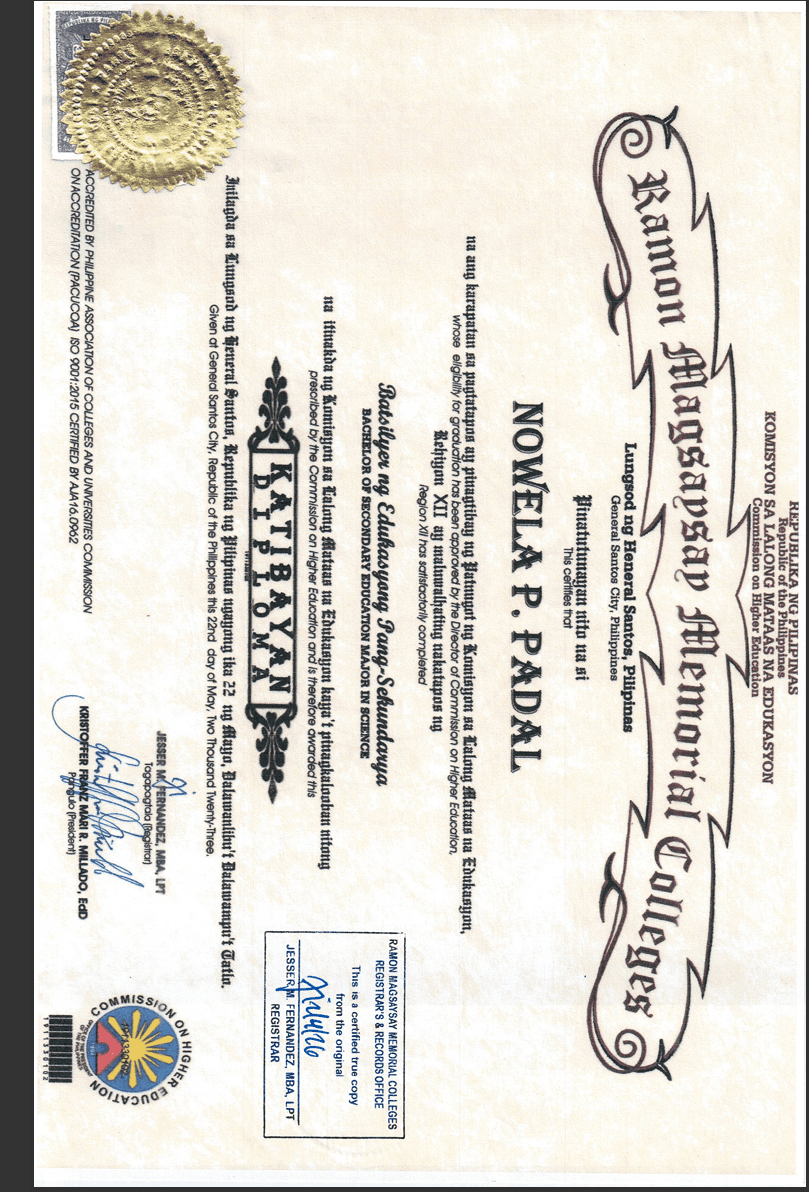 NOWELA graduated from RAMON MAGSAYSAY MEMORIAL COLLEGES
