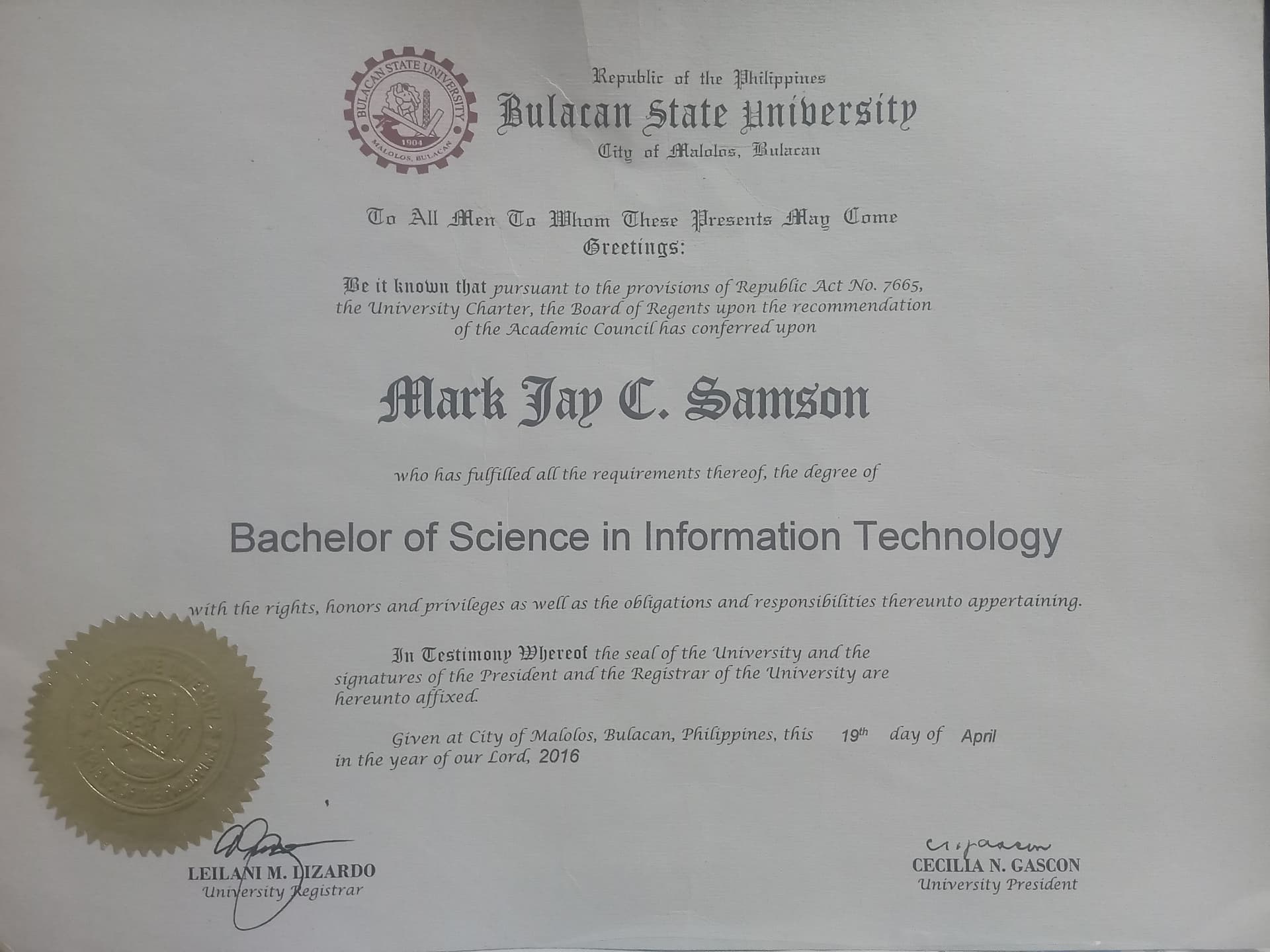 Mark Jay graduated from Bulacan State University - Sarmiento Campus