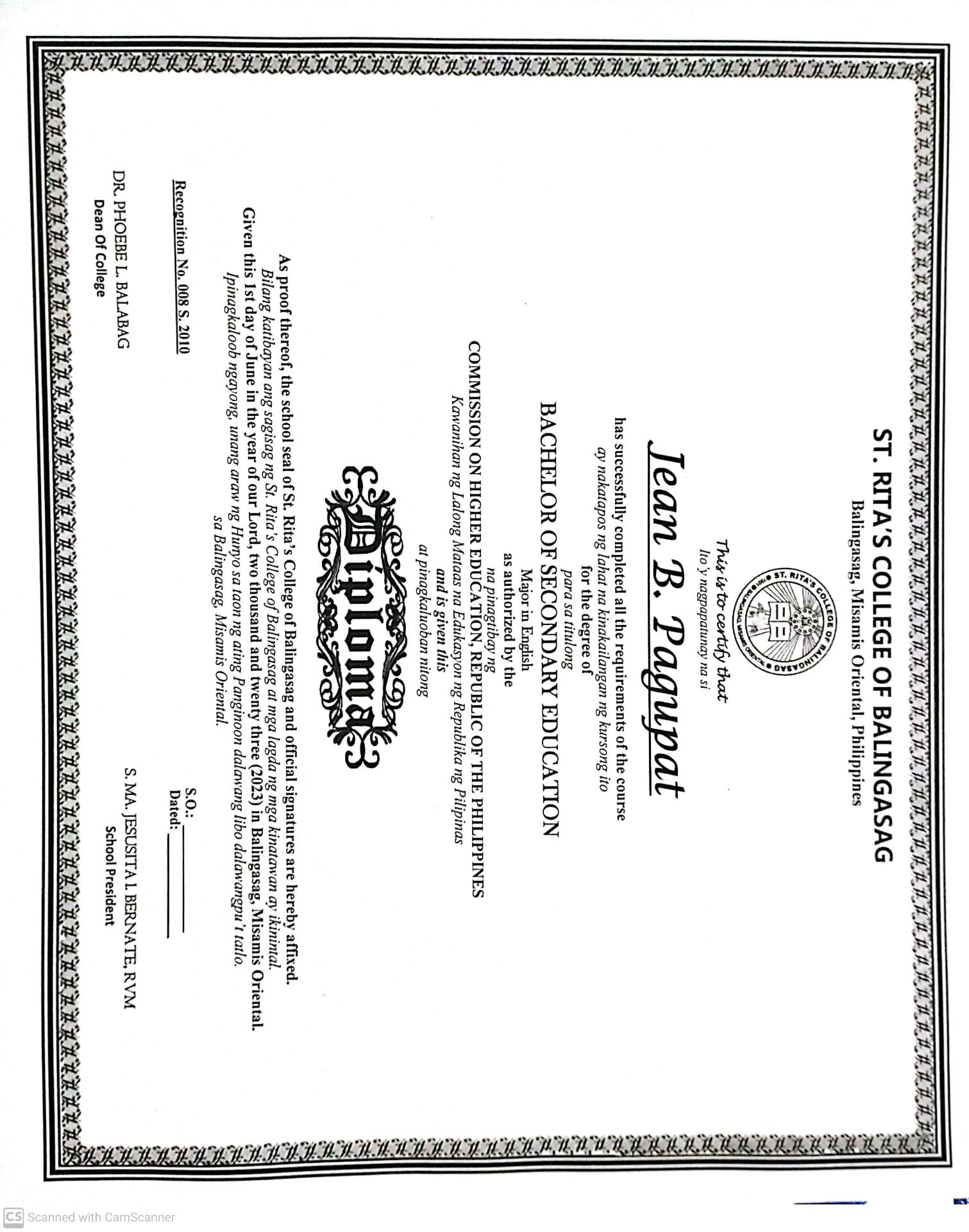 Jean graduated from St. Rita's College Of Balingasag