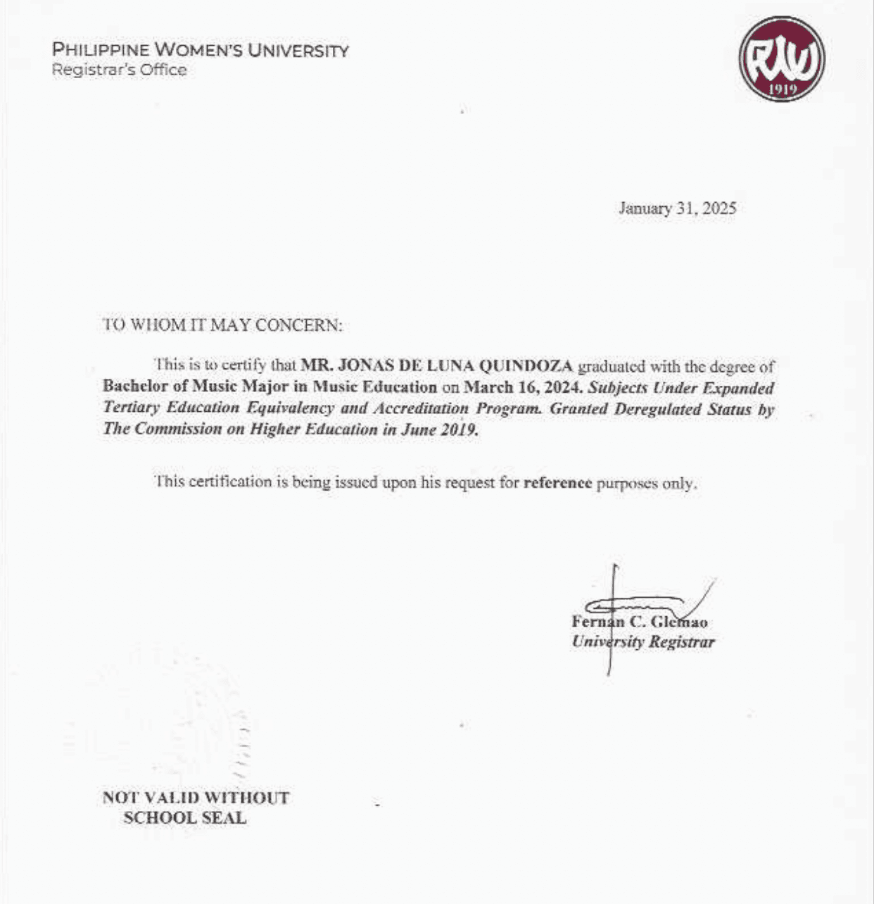 Jonas graduated from Philippine Women's University