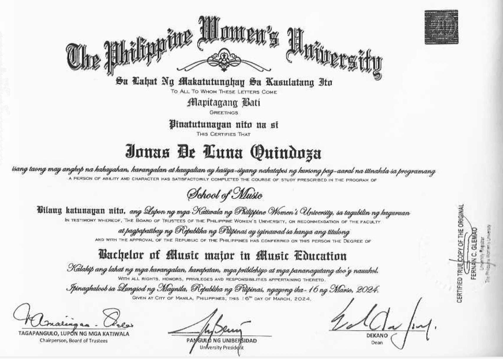 Jonas graduated from Philippine Women's University