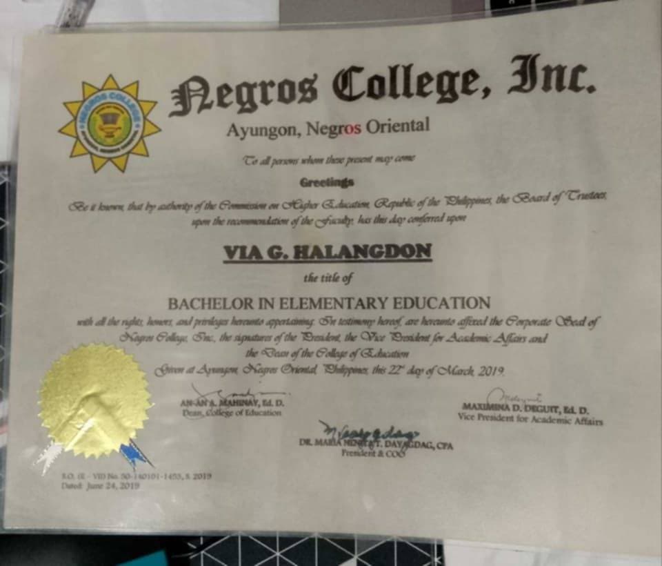 Via graduated from Negros College Incorporated