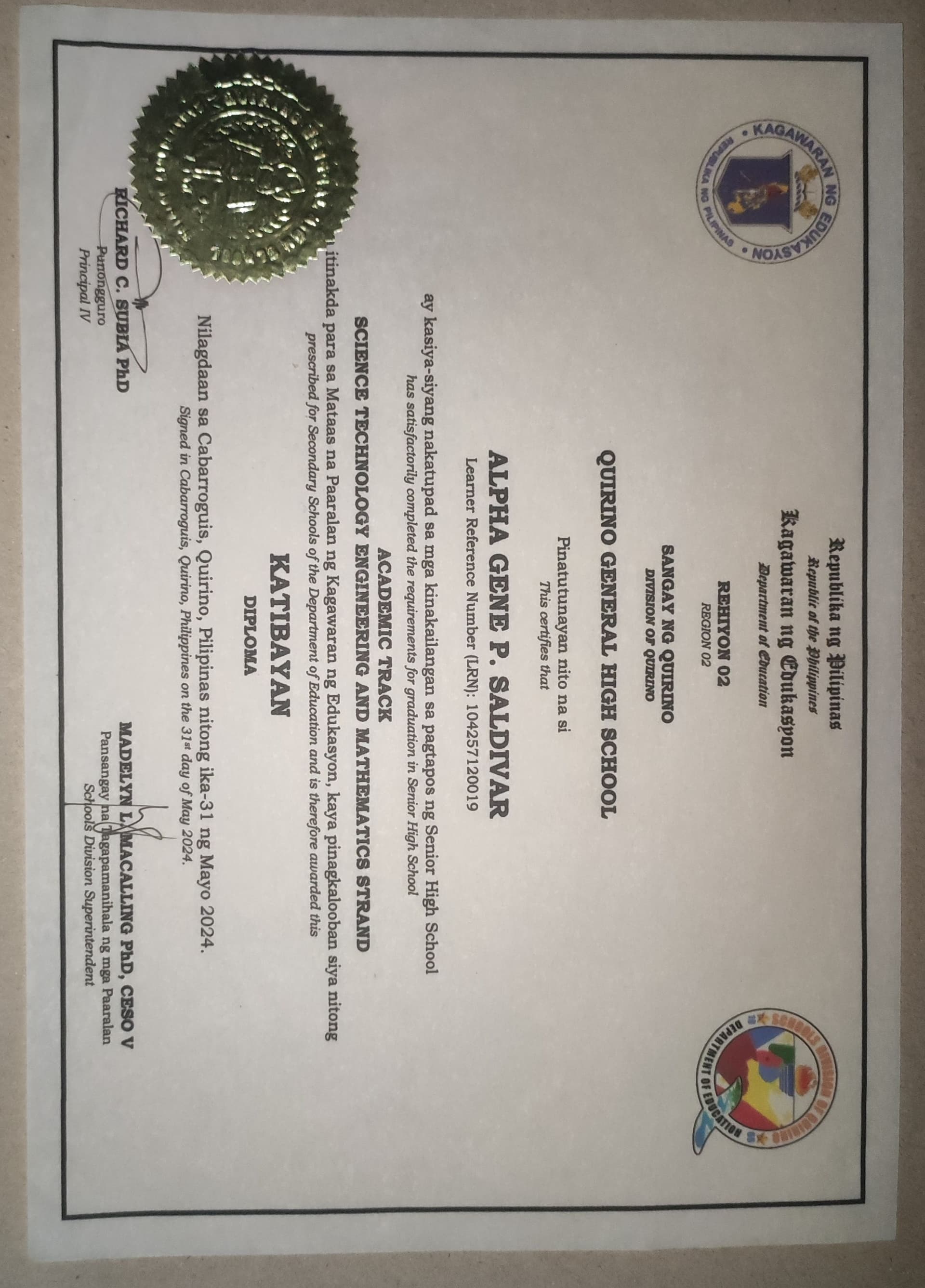 Alpha Gene graduated from Quirino General High School