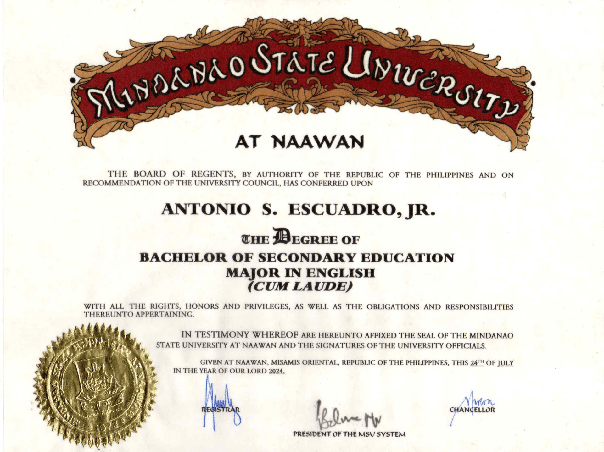 Antonio Jr. graduated from Mindanao State University - Naawan