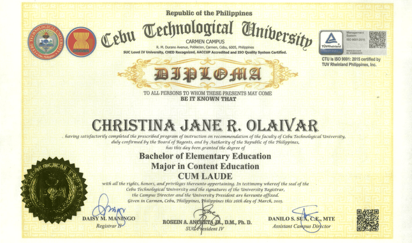 Christina Jane graduated from Cebu Technological University - Carmen Campus