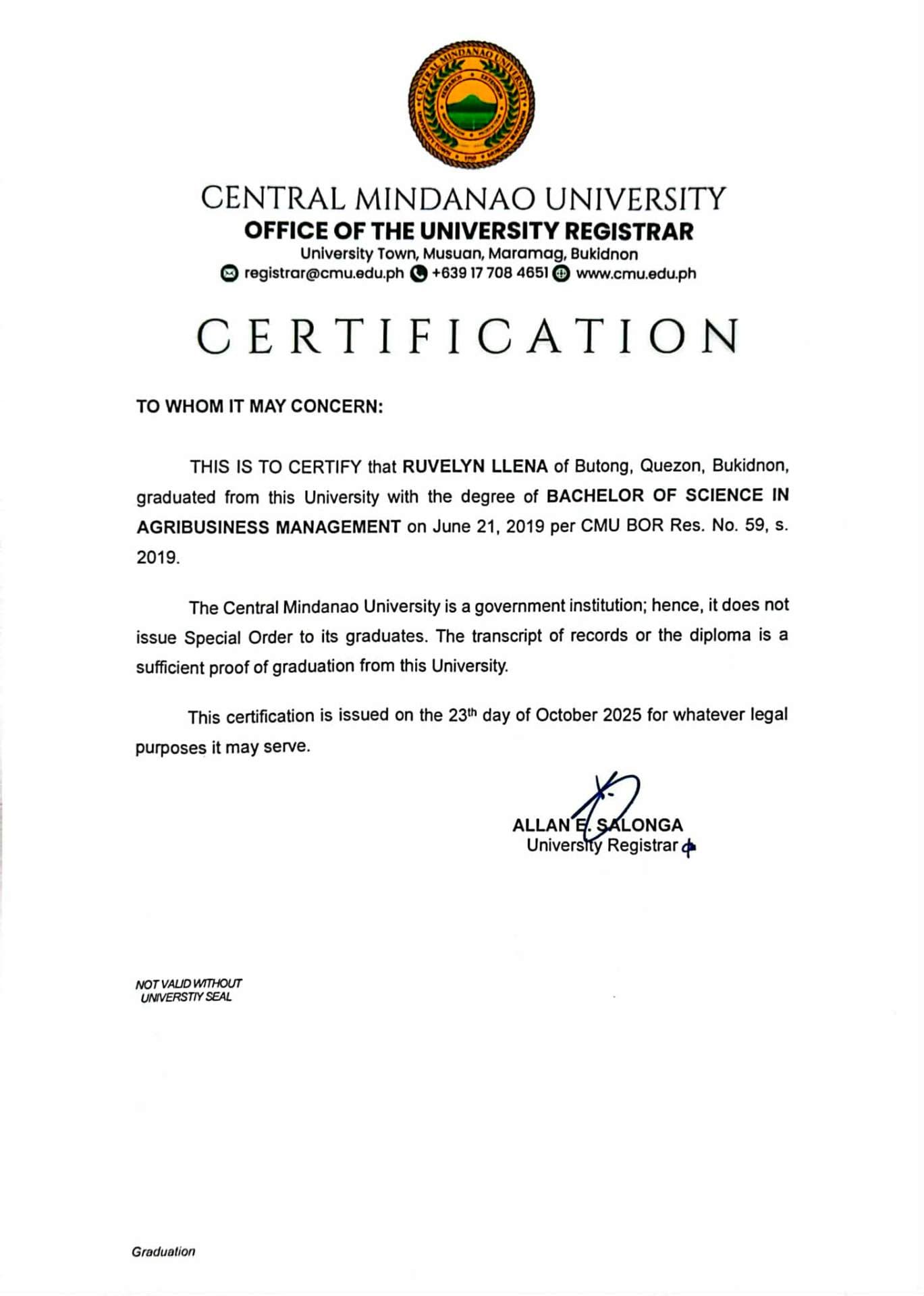 Ruvelyn graduated from Central Mindanao University