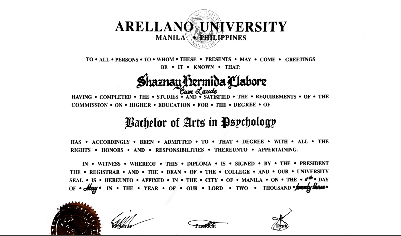 SHAZNAY graduated from Arellano University-Andres Bonifacio Campus