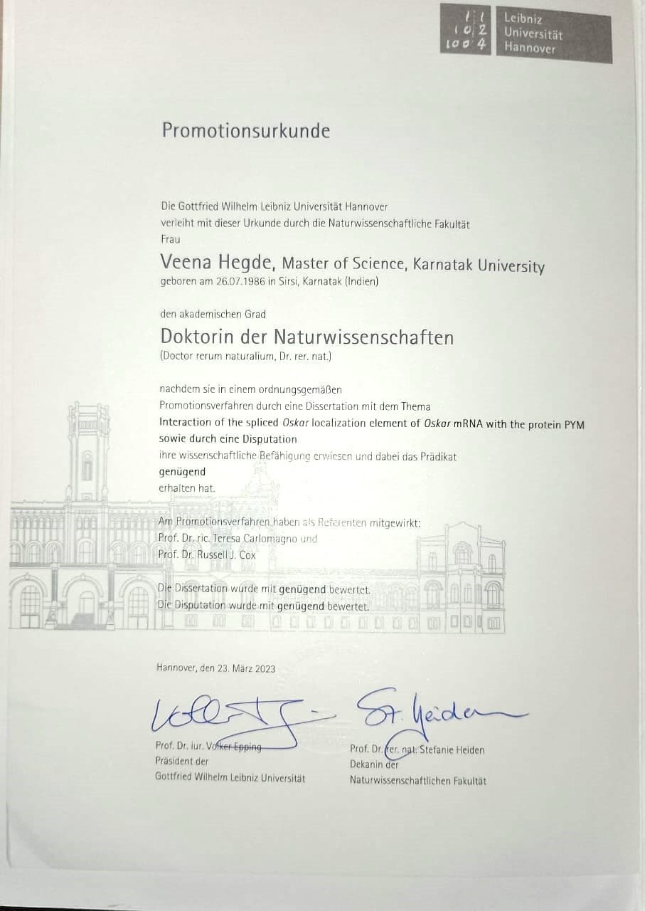 Veena graduated from Leibniz Universität Hannover