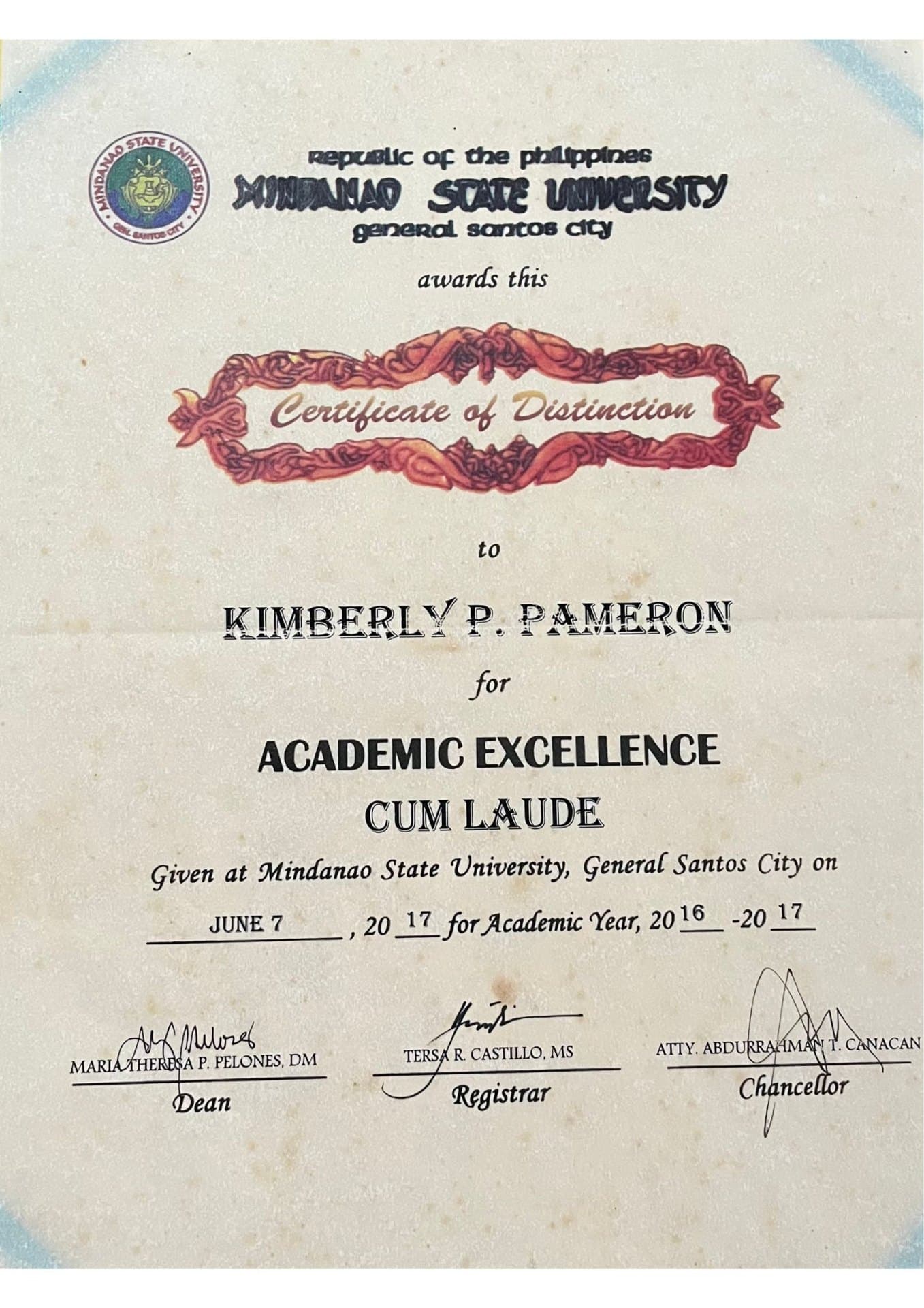 Kimberly graduated from Mindanao State University- General Santos City