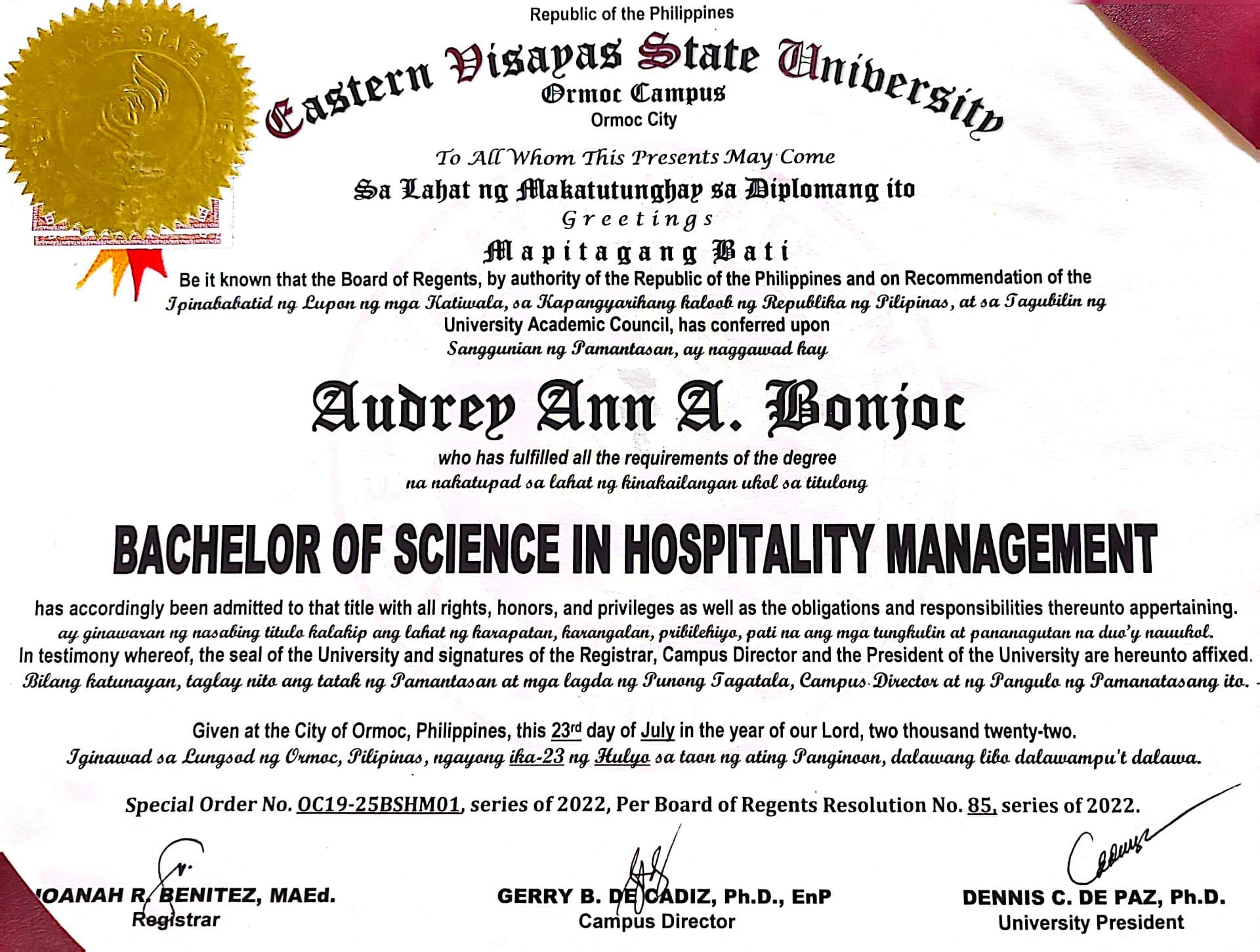 Audrey Ann graduated from Eastern Visayas State University- Ormoc City Campus