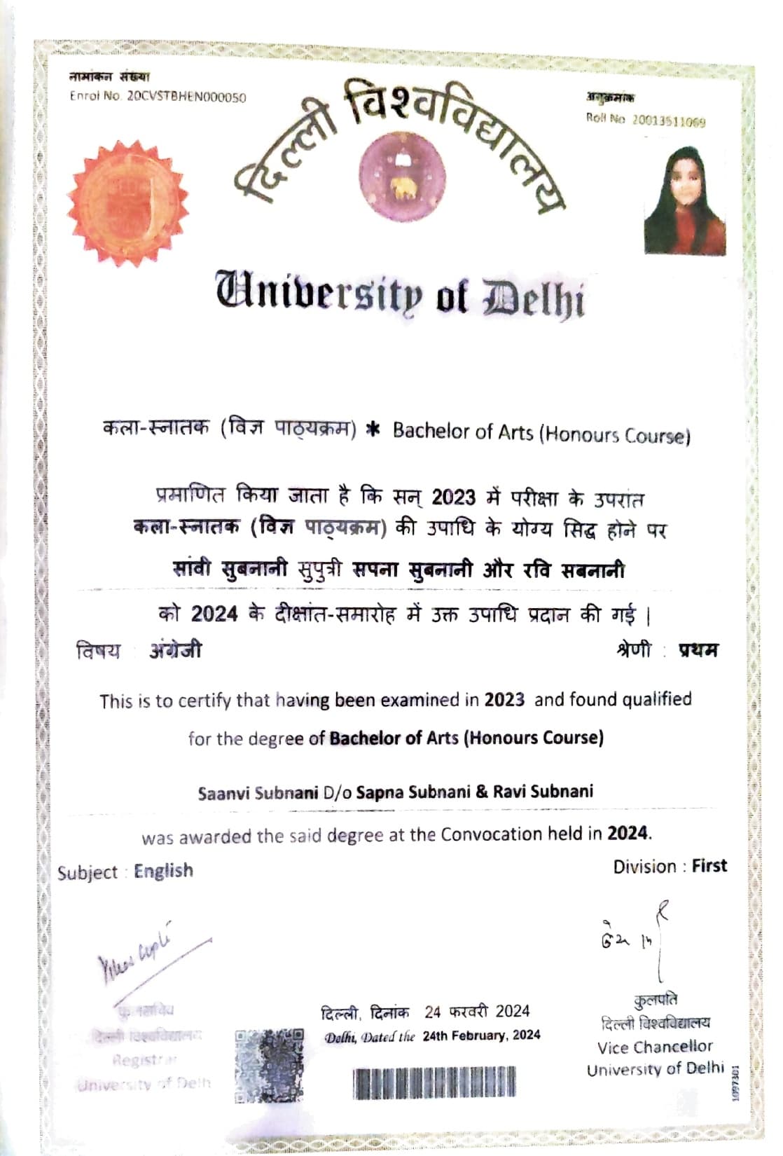 Saanvi graduated from University of Delhi