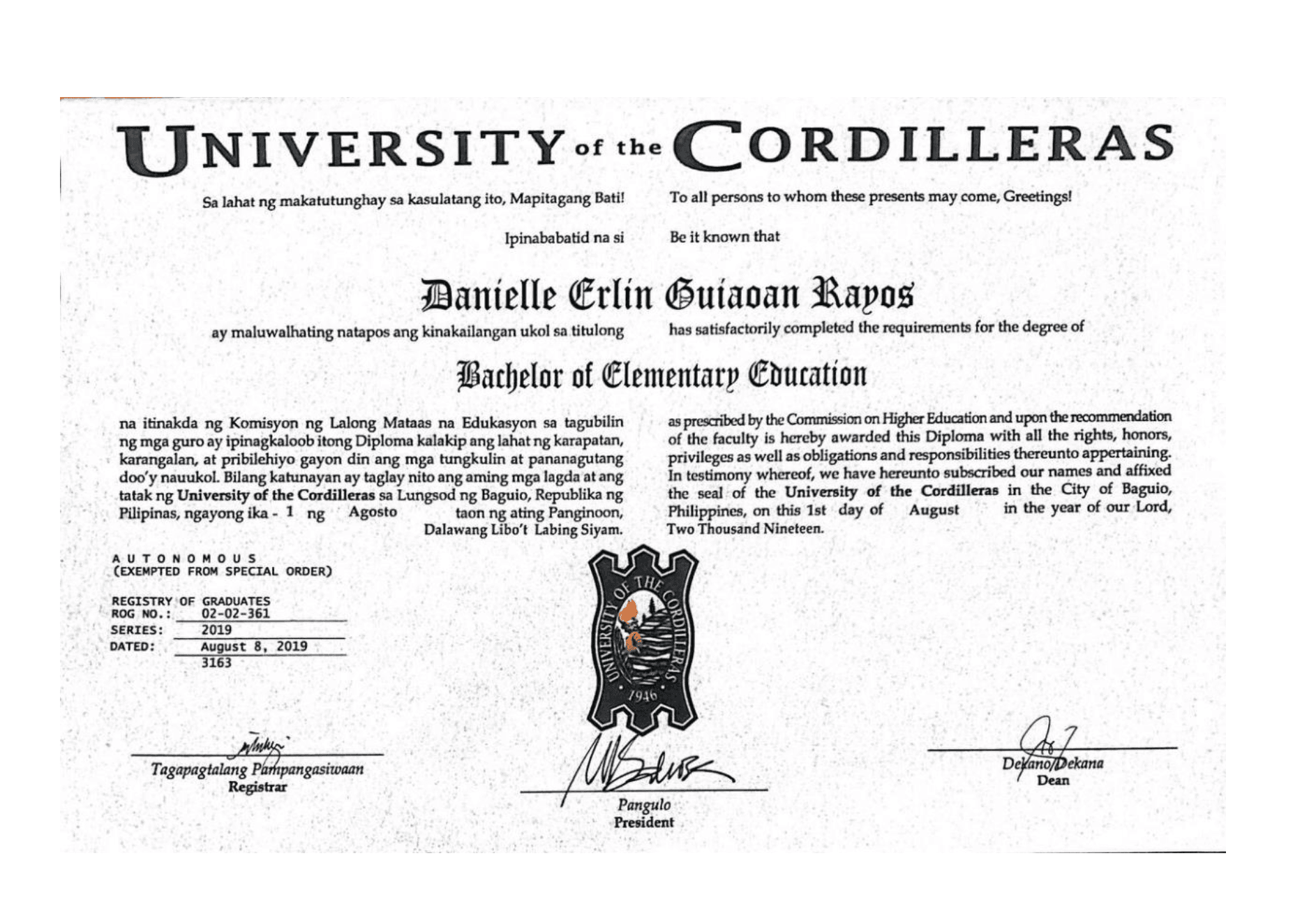 Danielle Erlin graduated from University of the Cordilleras