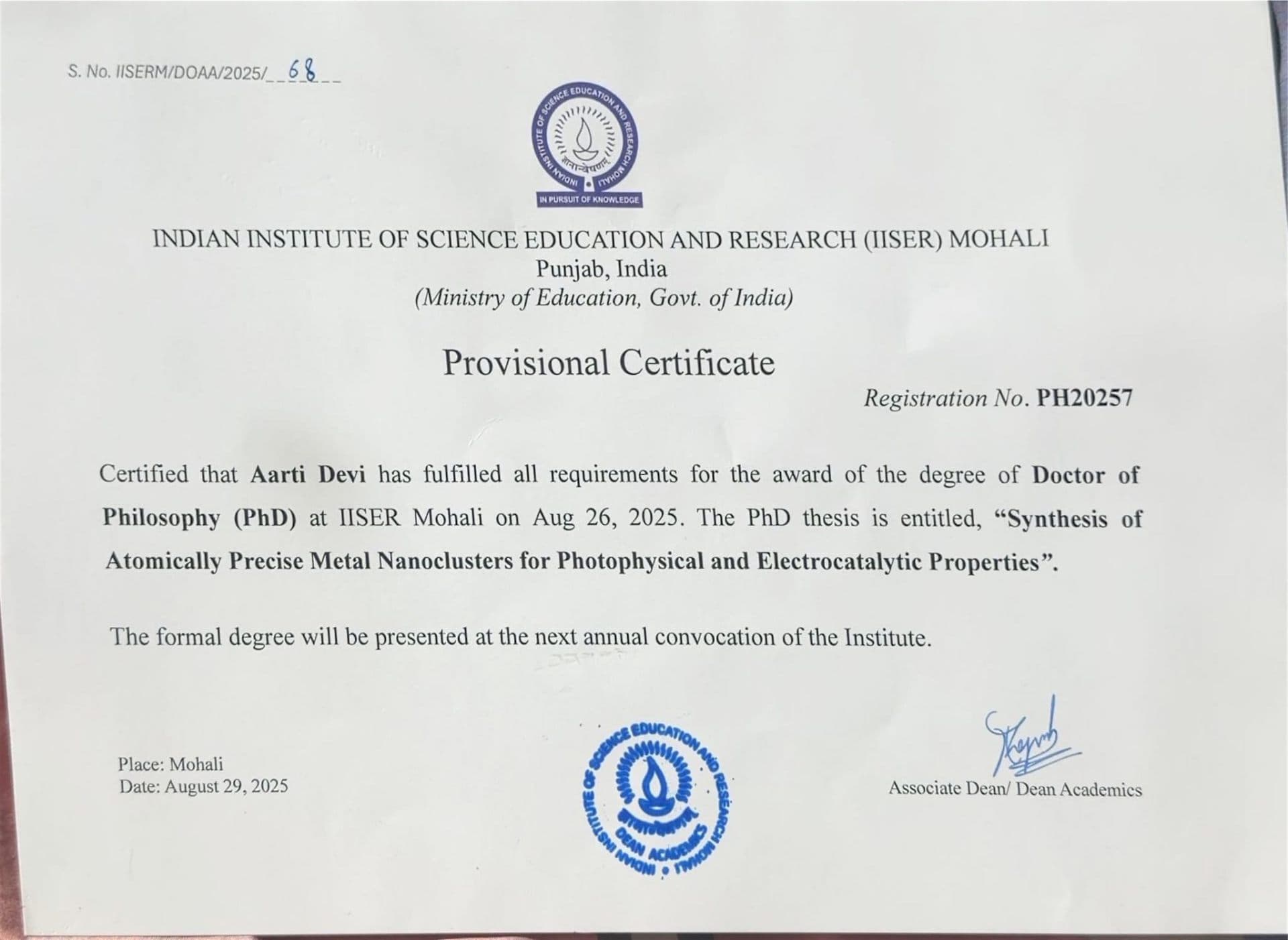 Aarti graduated from Indian institute of Science Education and Research