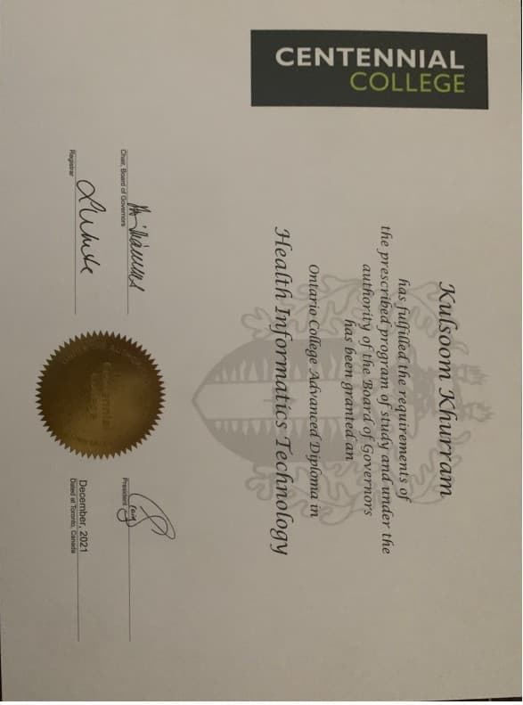 KULSOOM graduated from Centennial College